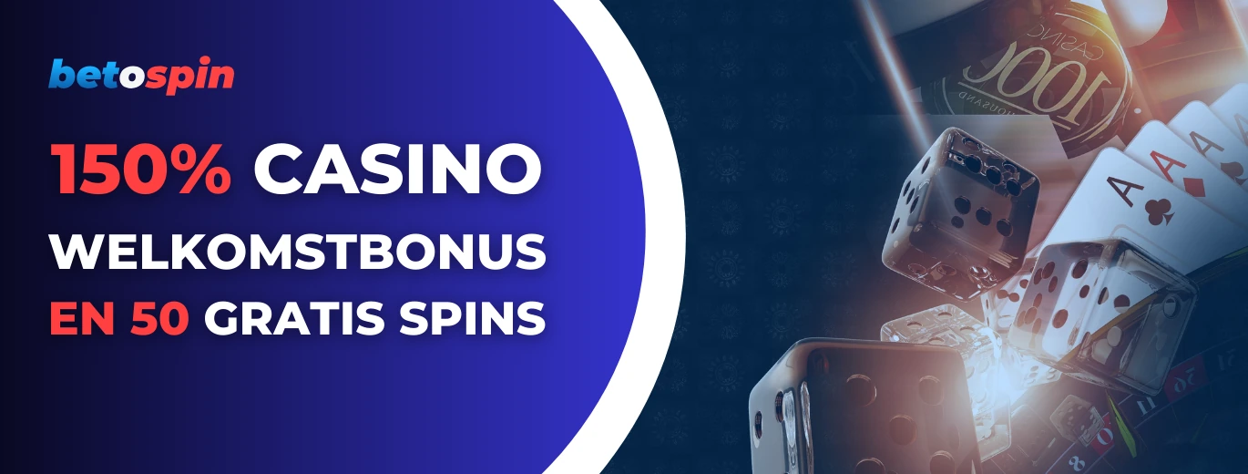 Betospin-banner: 150% casinowelkomstbonus en 50 gratis spins, met dobbelstenen en speelkaarten.