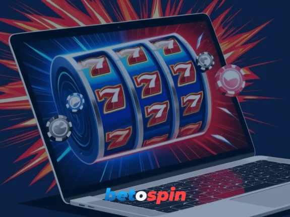 Betospin slotspel op een laptop scherm met draaiende rollen en jackpot symbolen.